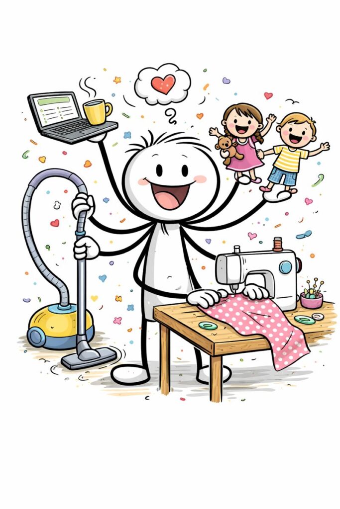 Illustration (KI-generiert): Glückliches Strichmännchen verbindet Arbeit, Haushalt, Kinder, Partnerschaft und Nähen