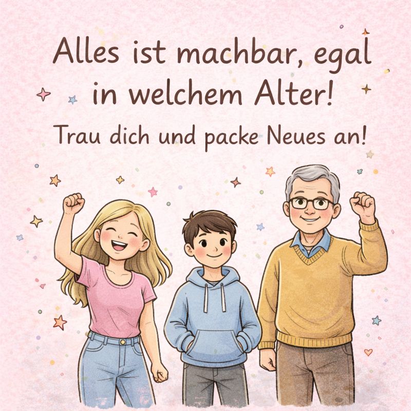 KI-generierte Illustration von Menschen unterschiedlichen Alters vor rosafarbenem Hintergrund mit motivierender Botschaft, dass Neues anzupacken und Ziele zu erreichen in jedem Alter möglich ist.