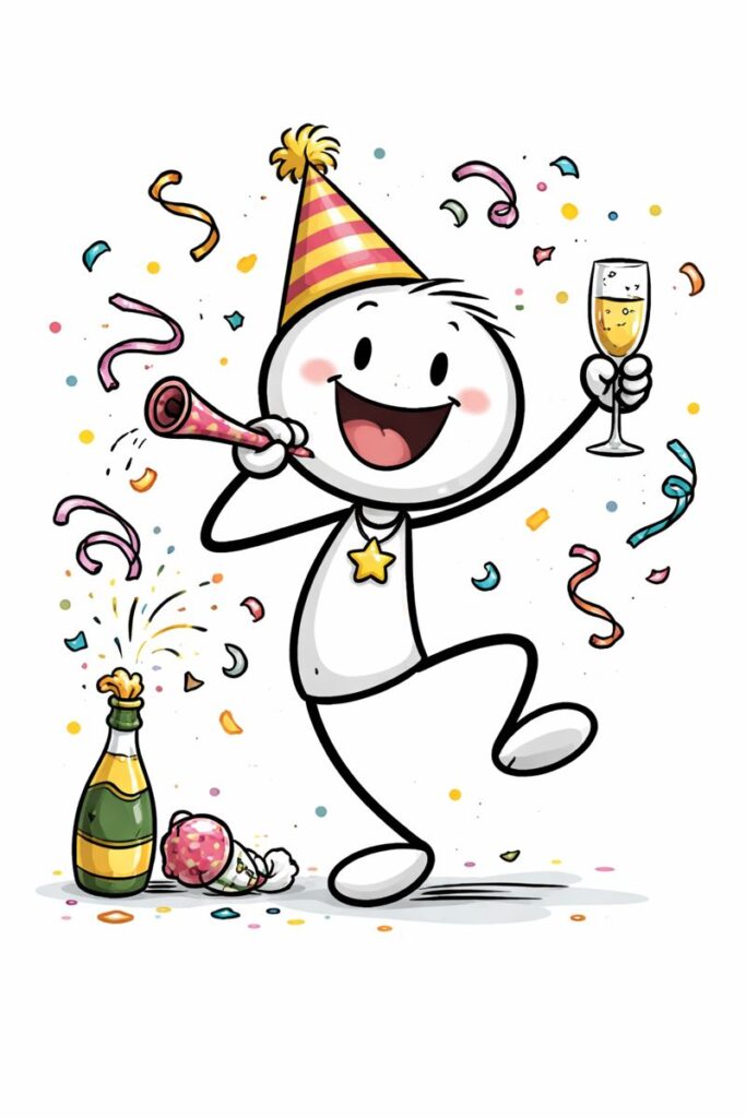 Illustration (KI-generiert): Fröhliches Strichmännchen feiert ausgelassen eine Party mit Konfetti