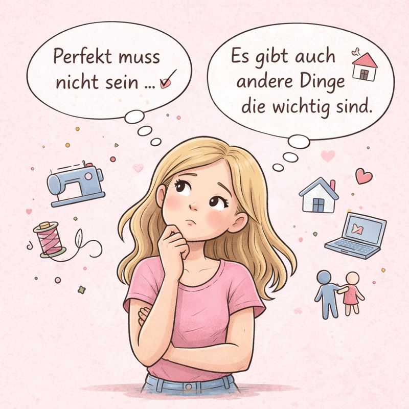 KI-generierte Illustration einer nachdenklichen blonden Frau auf rosafarbenem Hintergrund, umgeben von Symbolen für Arbeit, Kreativität und Familie – mit der Botschaft, dass Perfektion nicht alles ist.