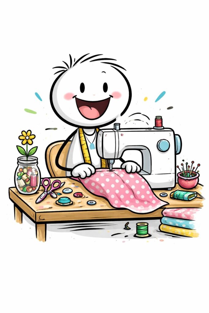 Illustration (KI-generiert): Strichmännchen sitzt an der Nähmaschine und näht Stoff