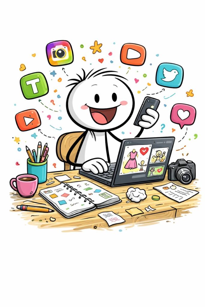 Illustration (KI-generiert): Strichmännchen plant und erstellt Inhalte für Social-Media-Kanäle