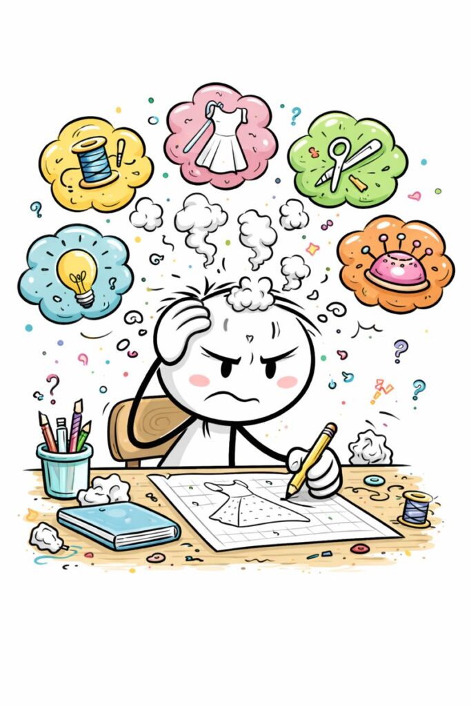 Illustration (KI-generiert): Strichmännchen sitzt über einem Entwurf und hat viele kreative Ideen