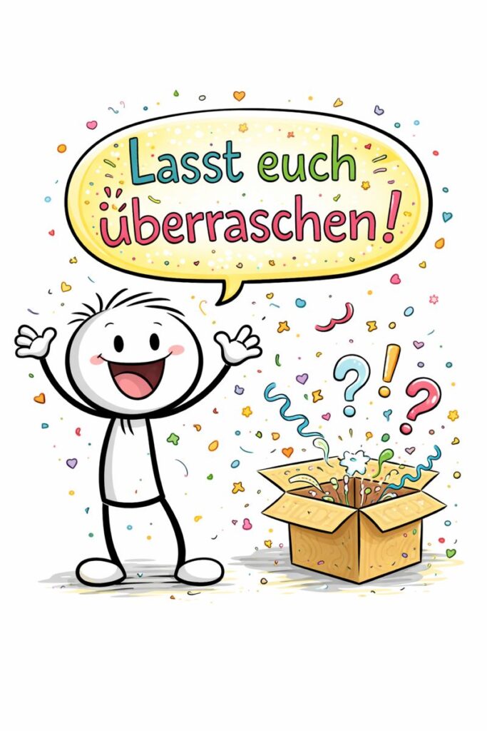 Illustration (KI-generiert): Strichmännchen kündigt mit Freude an „Lasst euch überraschen“