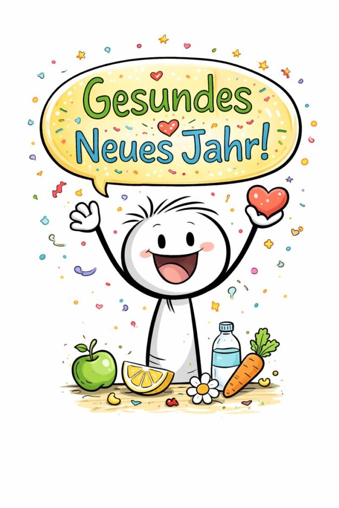 Illustration (KI-generiert): Fröhliches Strichmännchen wünscht ein gesundes neues Jahr