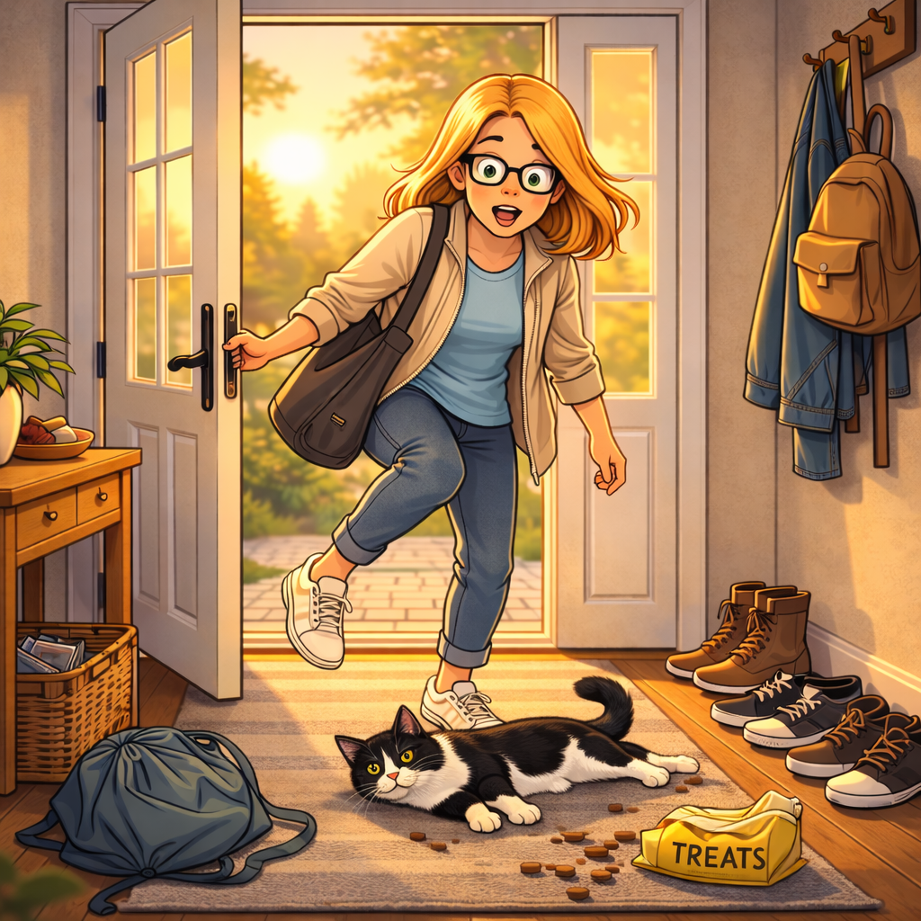 Cartoonillustration einer Mutter mit Brille, die morgens das Haus verlassen will und fast über ihre Katze im Flur stolpert – chaotischer Moment aus der Morgenroutine einer Familie.