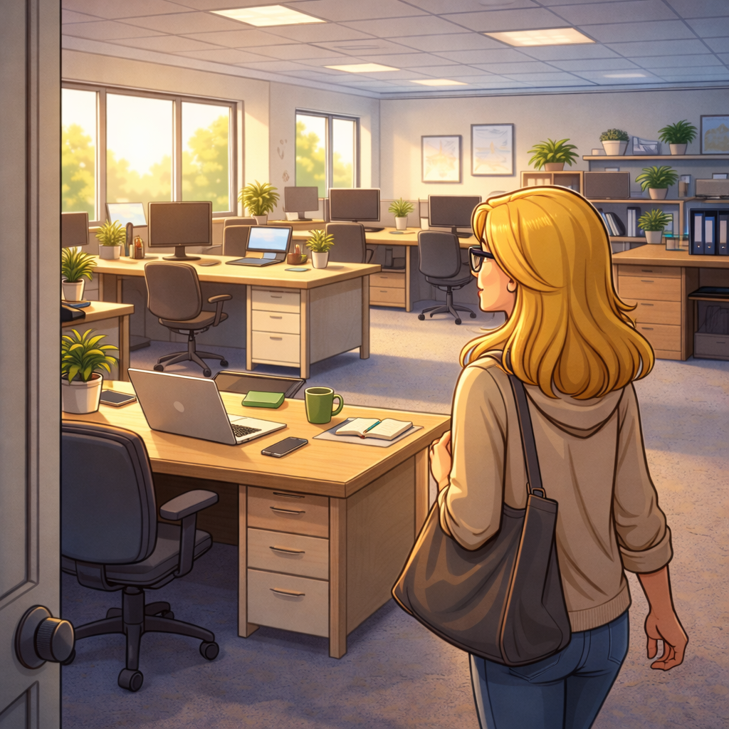Cartoonillustration einer arbeitenden Mutter mit Tasche, die ein ruhiges Großraumbüro betritt – früher Arbeitsbeginn und kurze Ruhepause im Mama-Alltag.