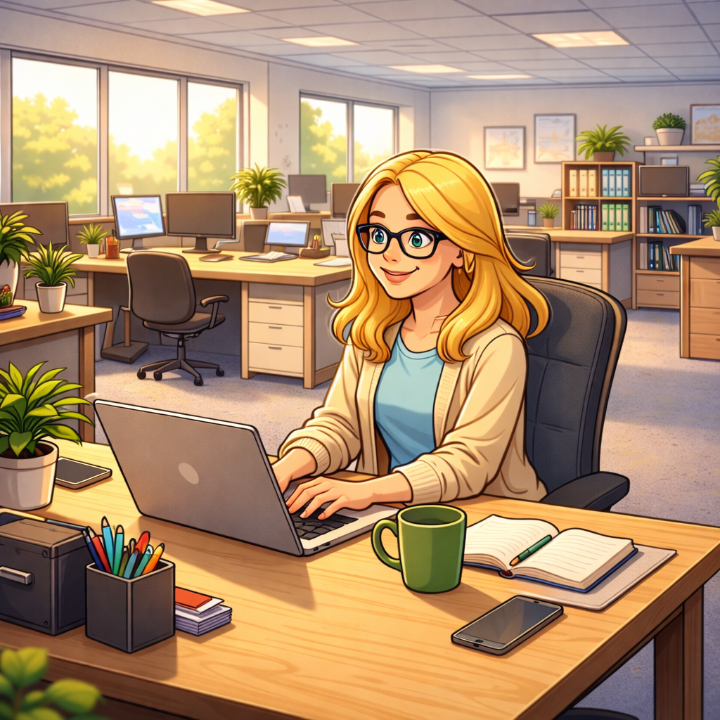 Cartoonillustration einer Mutter mit Brille, die konzentriert am Laptop im Büro arbeitet – Alltag einer berufstätigen Mama zwischen Familie und Job.
