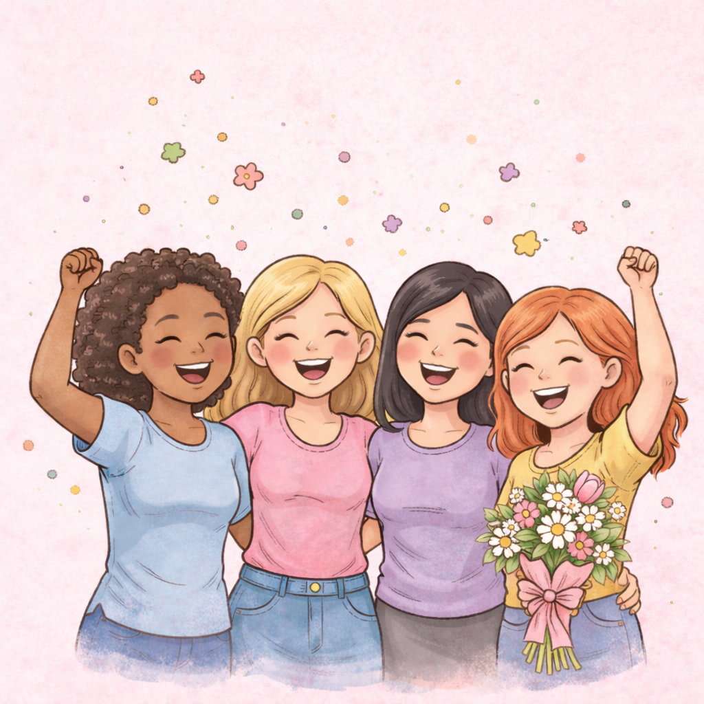 Illustration von vier fröhlichen Frauen, die gemeinsam den Weltfrauentag feiern, mit Blumen und Konfetti auf rosa Hintergrund.