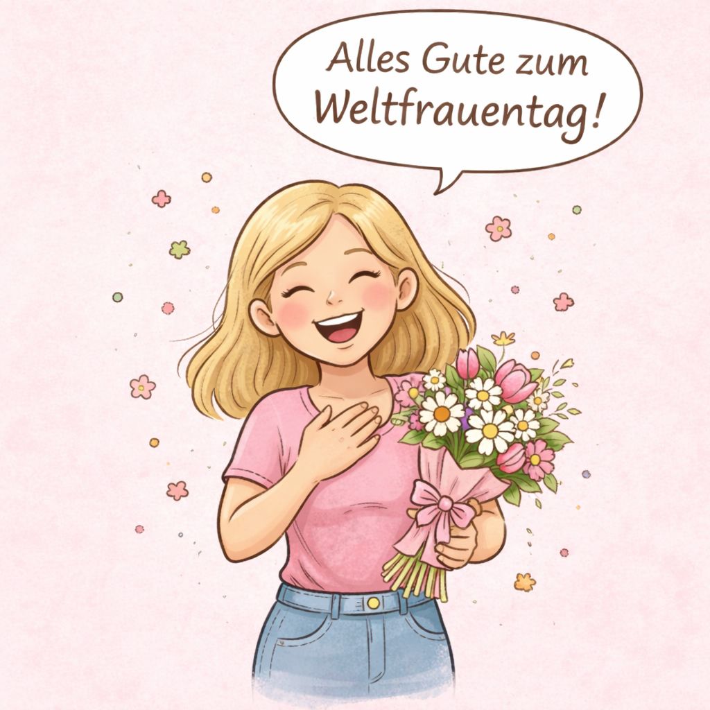 Illustration zum Weltfrauentag mit einer lächelnden Frau und Blumenstrauß sowie dem Text „Alles Gute zum Weltfrauentag“.