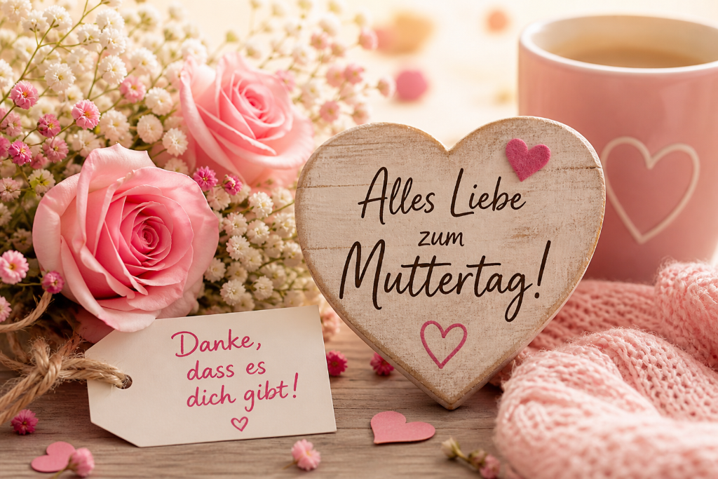 Stimmungsvolles Muttertagsbild mit rosa Rosen, Herz-Dekoration und einer Karte mit der Aufschrift „Alles Liebe zum Muttertag“ und „Danke, dass es dich gibt“ in warmer, liebevoller Atmosphäre