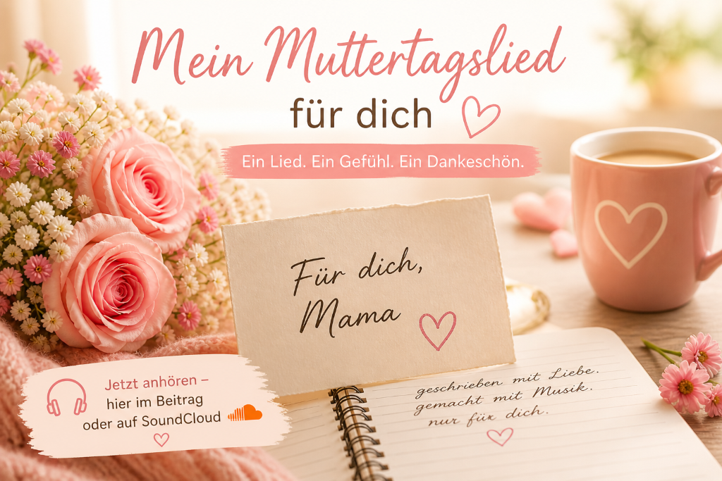 Helles, liebevolles Muttertagsbild mit Rosen, Notizbuch und Karte „Für dich, Mama“ sowie Hinweis zum Anhören eines persönlichen Liedes im Blog oder auf SoundCloud
