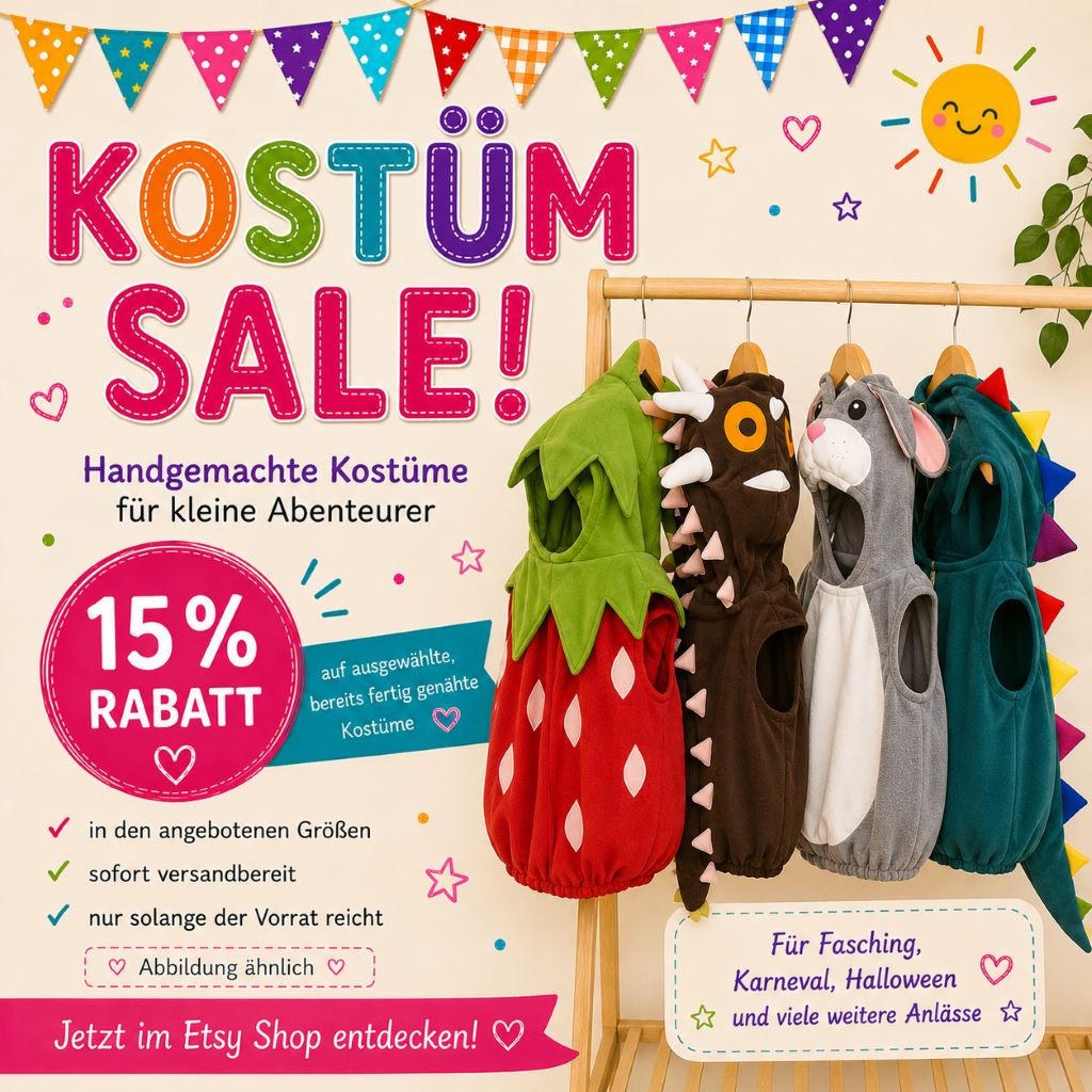 Kostüm-Sale mit 15 % Rabatt auf handgemachte Kinderkostüme für Fasching, Karneval und Halloween. Auf einer Kleiderstange hängen ein Erdbeerkostüm, Drachenkostüm, Hasenkostüm und Dinosaurierkostüm. Buntes Werbebild für sofort versandbereite Kinderkostüme in ausgewählten Größen, gültig bis 16.06.2026.