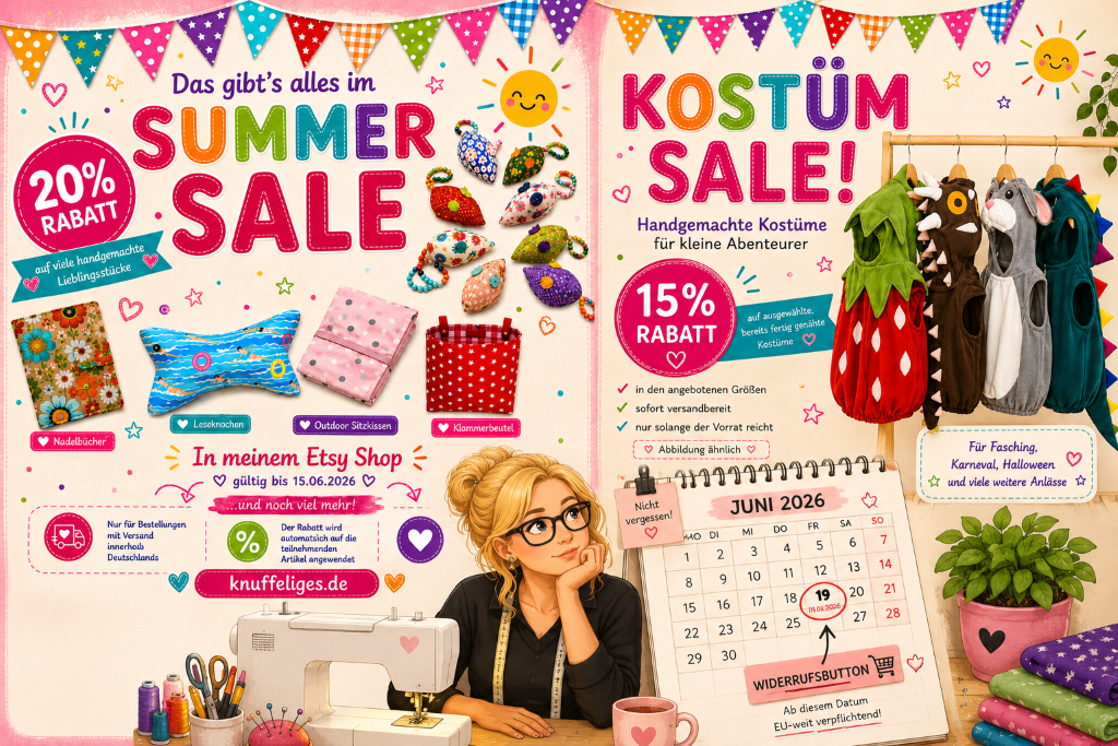 Sommer Sale und Kostüm Sale bei knuffeliges.de aufgrund der Unsicherheit rund um den neuen Widerrufsbutton.