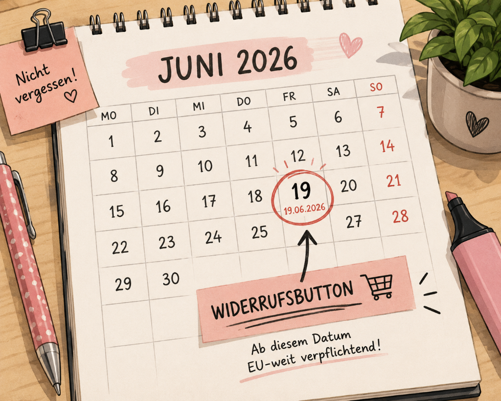 Kalender Juni 2026 mit markiertem Stichtag 19.06.2026 für den neuen Widerrufsbutton.