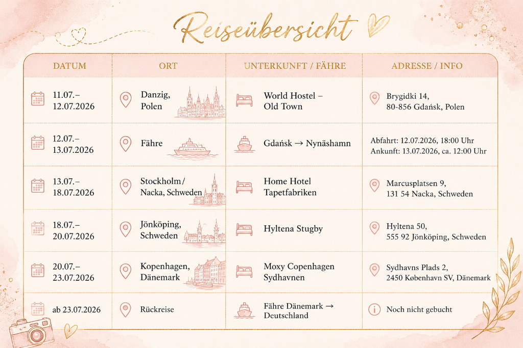 Reiseübersicht unseres Roadtrips durch Polen, Schweden und Dänemark mit Reisedaten, Unterkünften, Fährverbindungen und Adressen.
