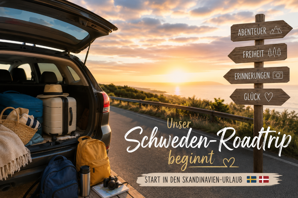 Illustration zum Start unseres ersten Roadtrip durch Polen, Schweden und Dänemark mit gepackten Auto und Reisezubehör.