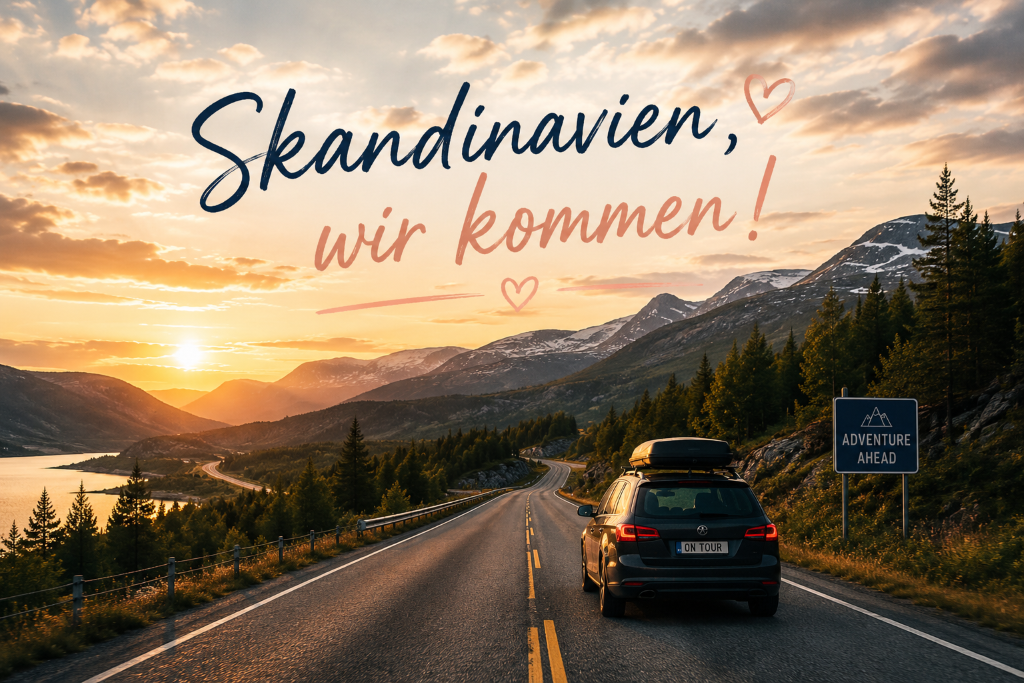 Auto auf einer Straße durch die skandinavische Landschaft mit dem Schriftzug "Skandinavien, wir kommen!" Symbol für den Start unseres Roadtrips.