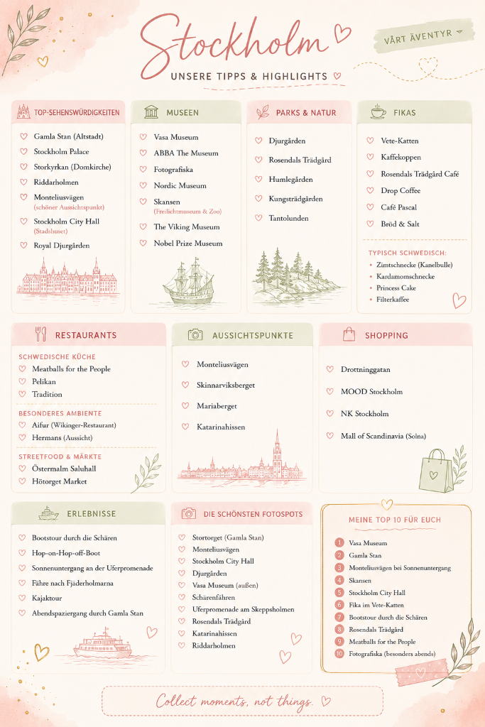 Infografik mit meiner persönlichen Übersicht zu Stockholm mit Sehenswürdigkeiten, Restaurant, Cafés, Museen, Shopping und meinen Top-10-Tipps.