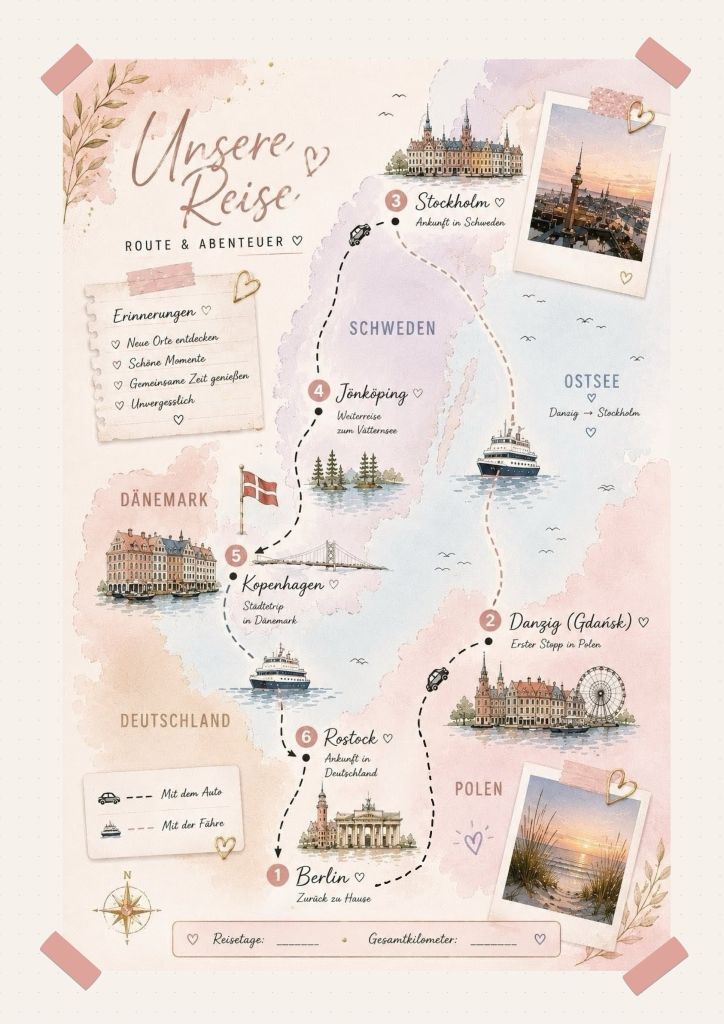 Karte unseres Roadtrips durch Polen, Schweden und Dänemark mit allen Reisezielen und Highlights im Aquarellstil.