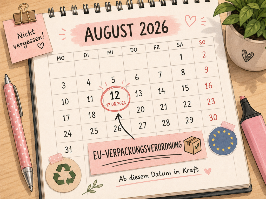 Illustrierter Kalender für August 2026 mit markiertem 12. August als Startdatum der neuen EU-Verpackungsverordnung.