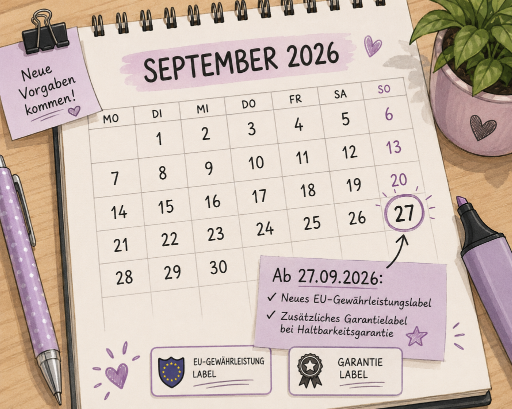 Illustrierter Kalender für September 2026 mit markiertem 27. September und Hinweis auf das neue EU-Gewährleistungslabel und Garantielabel.