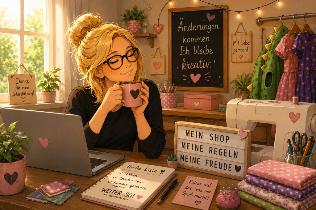 Blonde Frau sitzt entspannt mit einer Tasse in ihrem Nähatelier und konzentriert sich trotz neuer Vorschriften weiterhin auf ihre kreative Arbeit und ihren Onlineshop.
