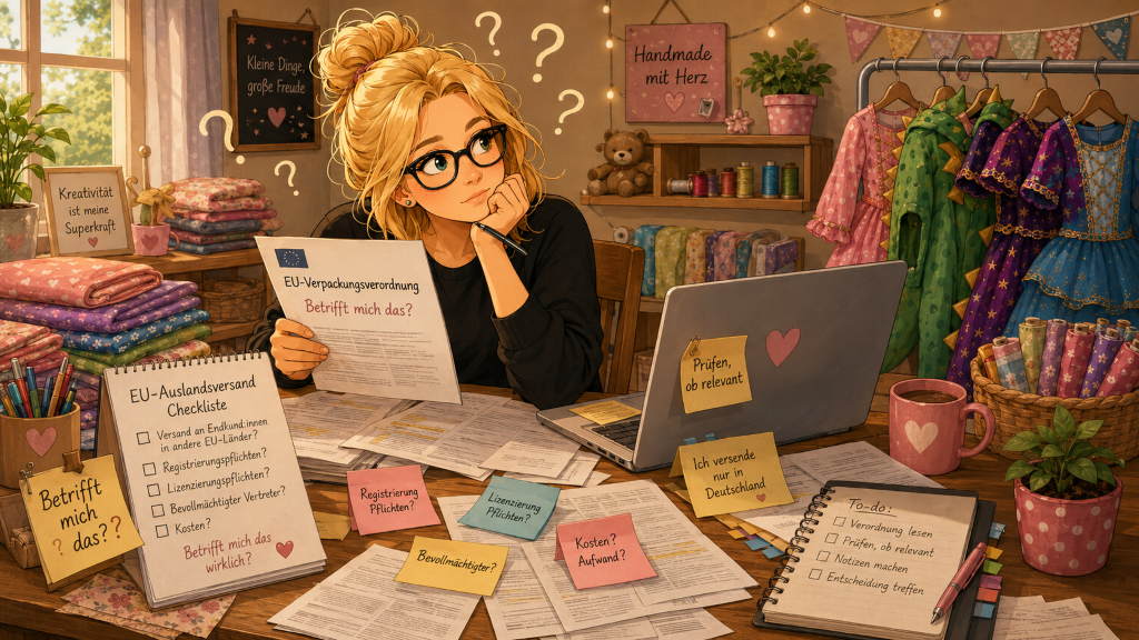 Blonde Frau sitzt mit Gesetzestexten und Laptop in ihrem Nähatelier und prüft, ob die neuen EU-Verpackungsvorschriften für ihren kleinen Onlineshop relevant sind.