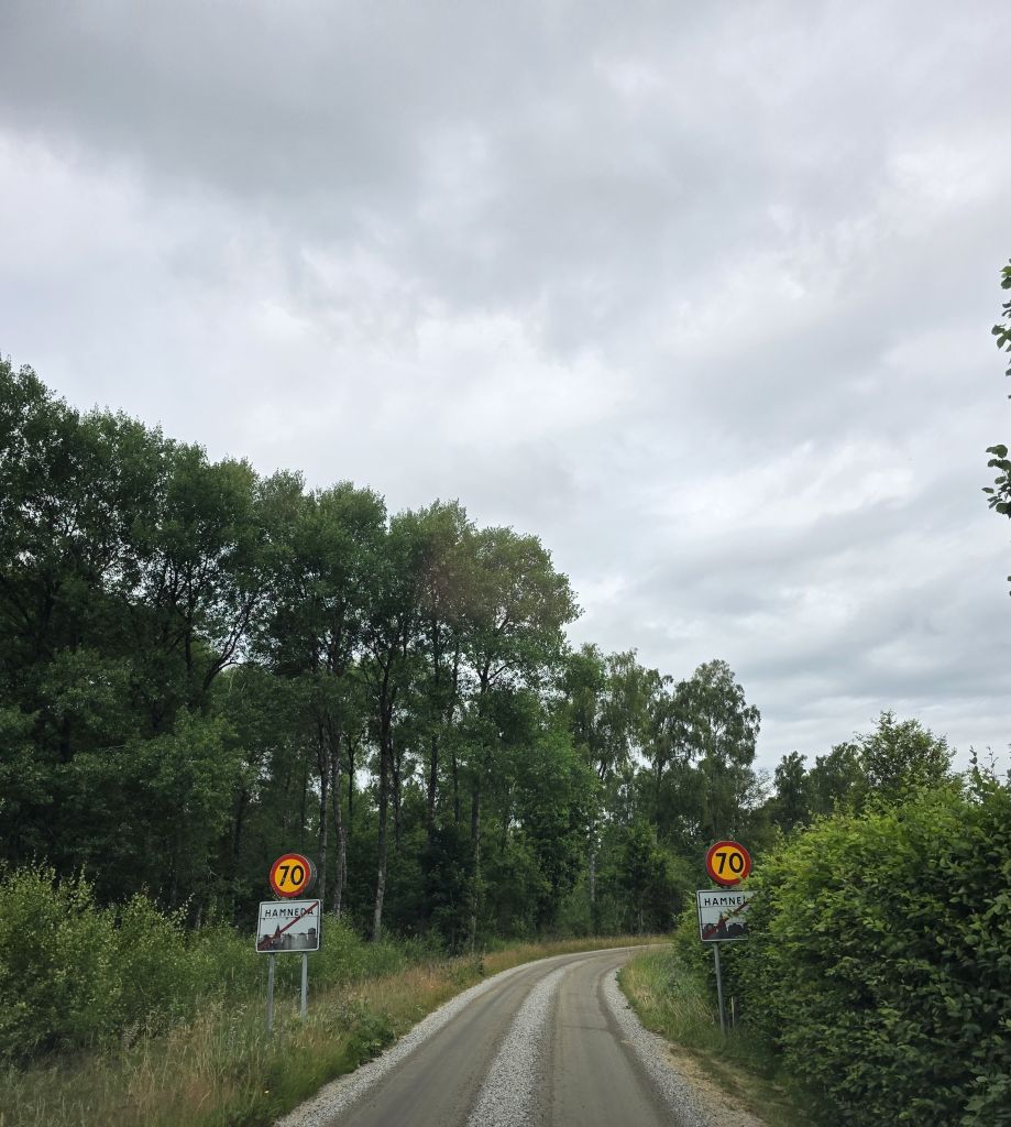 Schmale Straße bei Hamneda in Schweden auf dem Weg zum Elinge Älgpark
