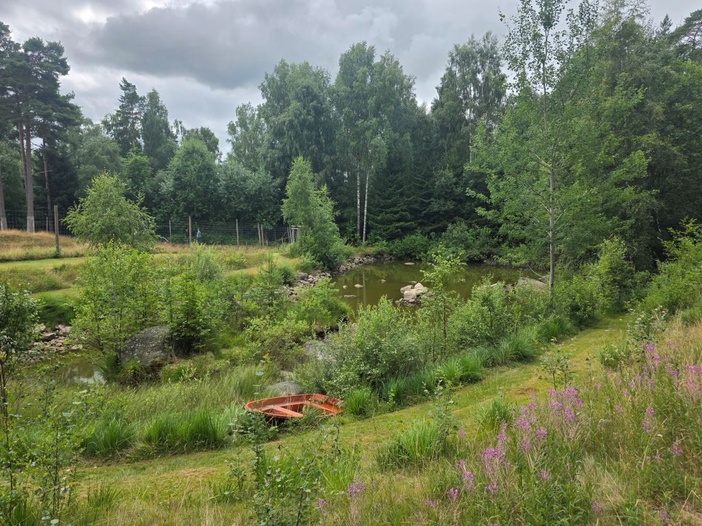 Grüne Landschaft mit kleinem Teich im Elinge Älgpark