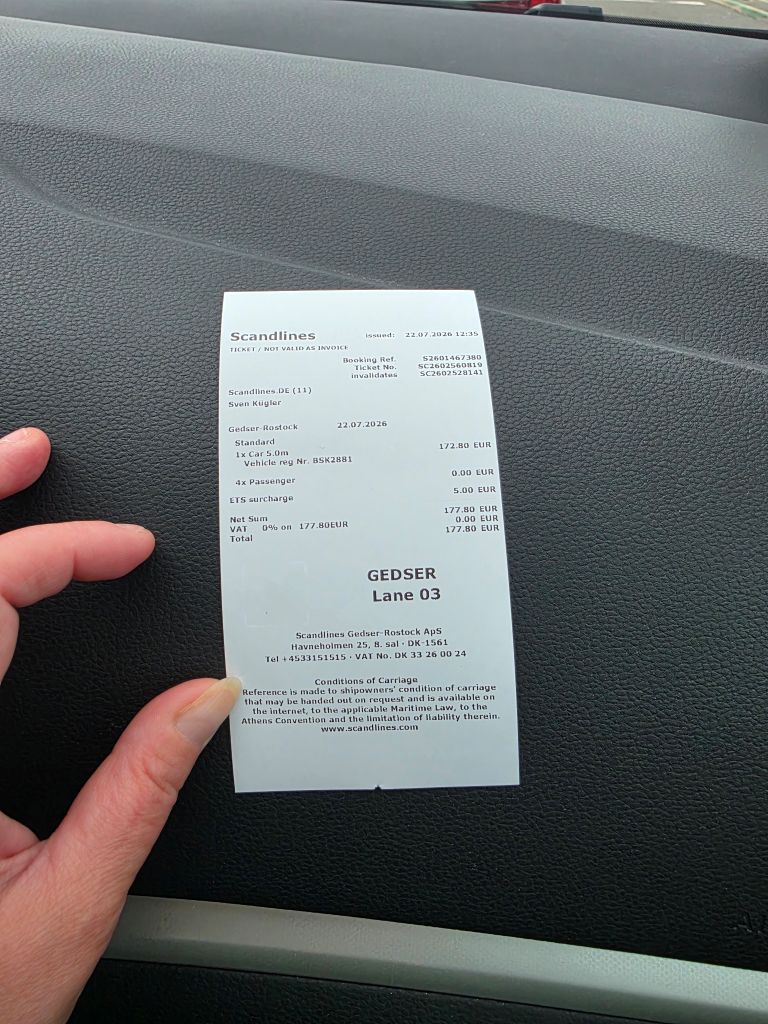 Fährticket für die Überfahrt von Gedser nach Rostock.