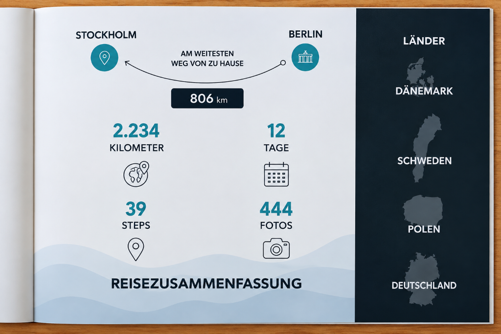 Reisezusammenfassung unseres Skandinavien-Roadtrips mit Kilometern, Reisetagen und besuchten Ländern.