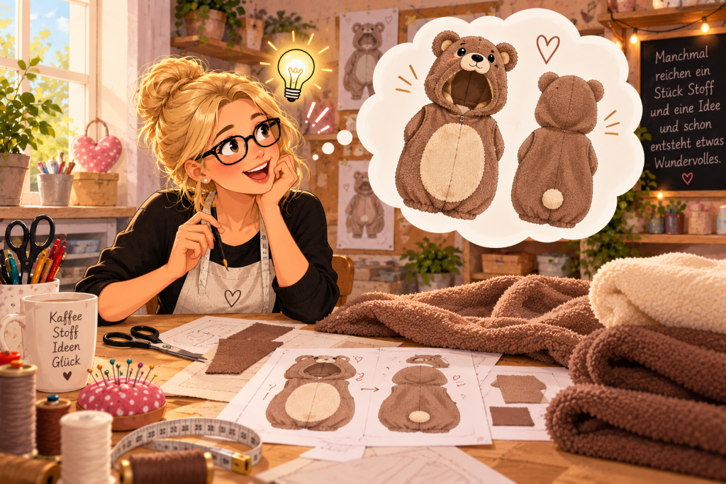 Liebevolle Illustration einer kreativen Näherin in ihrem Nähzimmer, die zwischen Fleece, Schnittmustern und Nähzubehör eine neue Idee für ein handgefertigtes Bärenkostüm für Kinder entwickelt. In einer Gedankenblase ist das Kostüm mit Kapuze von vorne und hinten zu sehen.