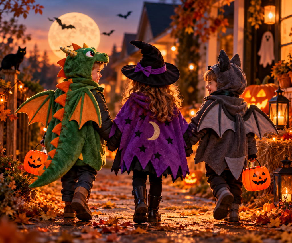Drei verkleidete Kinder in Drachen-, Hexen- und Fledermauskostümen gehen an Halloween mit Kürbiseimern durch eine herbstlich geschmückte Straße.